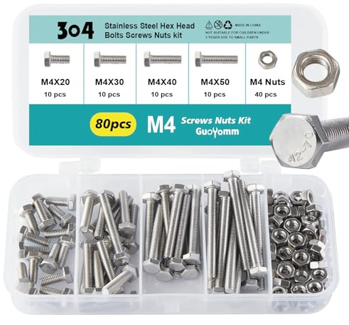 GuoYomm M4 x 20mm 30mm 40mm 50mm Hex Head Bolts and Nuts, M4 x 0.7 Bolts, Hexagon Head Screws, Stainless Steel 304, Bright Finish, Fully Thread, Assortment Kit 80PCS