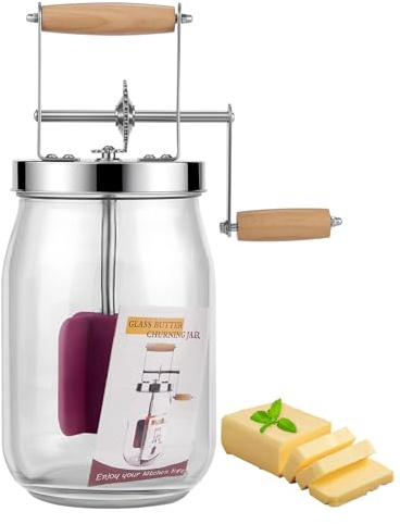 1.5L Butter Churner, Vintag Manual Butter Churn with Wooden Handle, Stainless Steel Gear System Butter Maker, Butter Churner Hand Crank Mason Jar for Baking of Top Gadgets (1.5L)