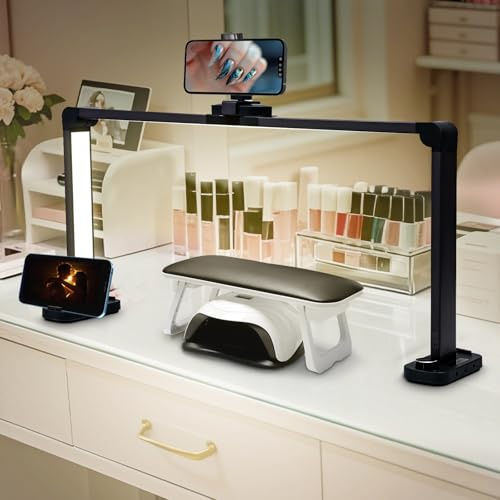 CGBE 34 Zoll Halbmond Lampe: 456 LED-Perlen Nageltischlampe mit Handyhalter - 40W Faltbare Dimmbare Kosmetik Lampe mit 3 Farbmodi 10 Helligkeiten - für Nail Tech Wimpern Tattoo Augenbrauen - Schwarz