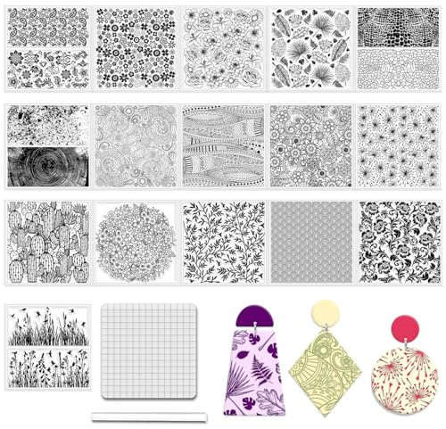 CHGCRAFT 16 Pcs 16 Style Plant Pattern Polymer Clay Texture Sheets Flower Rubber Texture Stamp Cactus Clay Texture Mat Modeling Pattern Pad Sheets for Jewelry and Earrings Tools, 5.5x5.5 inch