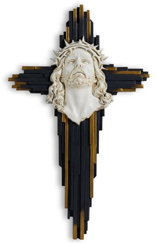 ShineOnAngel Jesus Wall Cross Sculpture, 10 Inch Resin Relief Radiant Savior Wall Crucifix Decor, Handcrafted Black and White for Christian Home, Church, or Prayer Room Decoration (Black)