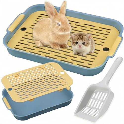 Esquinero Conejo, Bandeja de Basura para Conejo, Lecho para Conejos, Inodoro de Animales Pequeños, Conejos Caja de para Gatos, Hámster y Cobayas (L - Azul (con Pala))