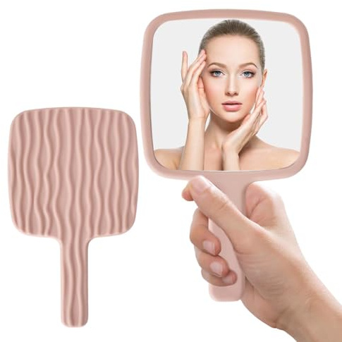 Rylae Espejo de Mano de Maquillaje Profesional, Espejo de Mano Duchab con Mango, Pequeño y Portátil, Forma Cuadrada para Maquillaje Diario Peluquería Barberos Afeitados (Rosa)