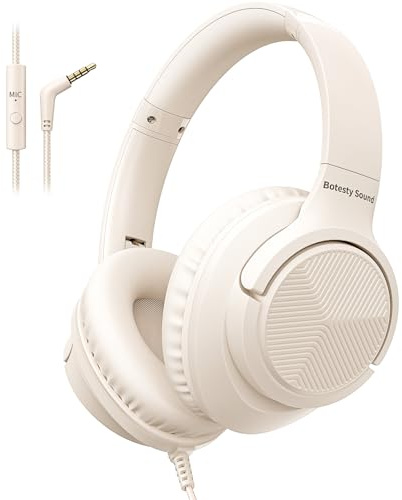 Botesty Sound Wired Headphones with Microphone, Over Ear Foldable 3.5mm Plug in Headphones Corded with 4.9ft Tangle-Free Nylon Cord for Girls, Boys, Tablet, MP3/4, School, Airplane Travel (Beige)