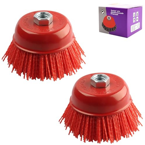 KLEHOPE Spazzola a Tazza in Nylon M14, Ø100 mm, Confezione da 2 – per Smerigliatrice Angolare e Trapano – Setole in Plastica con Grana Abrasiva – Sbavatura, Rimozione Ruggine e Vernice