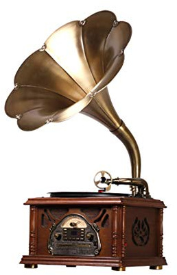 Idealforce Bluetooth Phonograph Record Player,Portable Version Gramophone Vintage Retro Style Subwoofer Speaker/Aux-in,CD,FM/AM Radio,45 RPM Adapter, for HX-411/12/NF-601/605/610 (Horn with Texture)