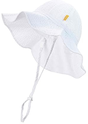 DASMINI Baby & Toddler Wide Brim Sun Hats UPF 50+ Sun Protection Bucket Cap Cute Adjustable Hat (wht Seersucker, 0-6M)