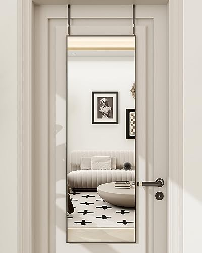 BEAUTYPEAK 14 x 48 Adjustable Height Over The Door Mirror, Rectangular Full Length Hanging Door Mirror with Shatterproof Tempered Glass Aluminum Alloy Frame for Dormitory, Black