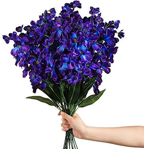 Waydress 16 Pieces 27 Inches Artificial Orchid Flowers Faux Orchids Silk Flowers for Wedding Dinning Home Restaurant Decoration Bridal Bouquet Corsage Boutonniere Wreath Decor (Blue-Purple)
