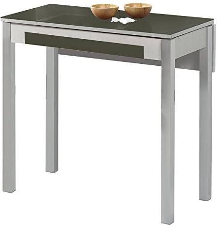 ASTIMESA Mesa de Cocina Extensible 1 ala caida - 80x40 cm (80x60 cm) - Estructura y ala caida Color Aluminio - Tapa Cristal Color Grafito