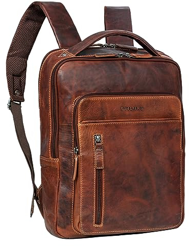 STILORD 'Tory' Leder Rucksack Groß Herren Damen Business Vintage Rucksack Laptoprucksack 13-14 Zoll Handgepäck Reiserucksack Travel Backpack Echtleder, Farbe:salerno - braun