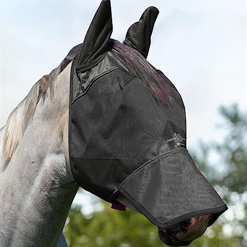 Harrison Howard UV-Proof Forelock Opening Reliable Protection Horse Fly Mask Long Nose with Ears Black Horse Large