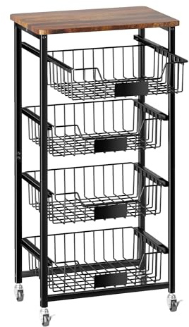 OKZEST Fruit Basket, 5-Tier Utility Kitchen Organizer and Storage Cart with Pull-Out Baskets and Wood Top, Rolling Pantry Kitchen Cart on Wheels for Fruit Potato Onion Vegetable Snack Produce