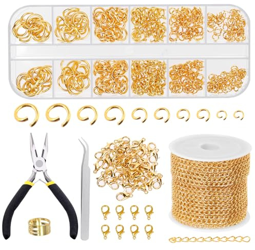 Swpeet Kit de 504 piezas doradas de 3 mm para hacer joyas con anillos de salto, alicates de joyería, pinzas curvadas, abridor de anillos de salto y cierres de langosta, herramientas para hacer joyas
