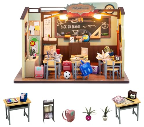 Kit miniatura de casa de muñecas DIY escala 1:24 - Modelo de aula con muebles - Luces LED - Muñecas de madera - Puzzle - Juguete para adolescentes, niños, amigos - Regalo de cumpleaños