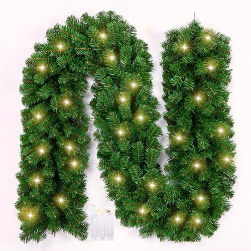 Guirnalda de Navidad Decoración con 50 LED Luces,2.7m/9 FT Guirnalda Artificial Guirnalda de Hiedra con escaleras chimeneas Puertas decoración navideña Exterior Interior (Verde)