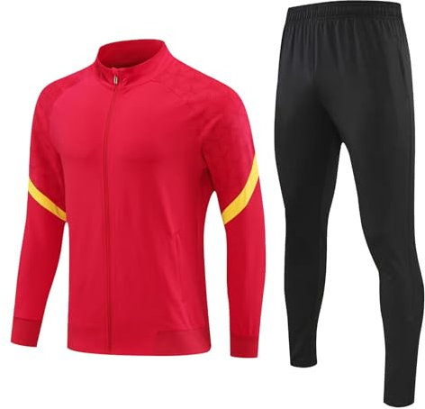 Herren Sportswear Sweatshirt Anzug Weiß Trainingsanzug Herbst und Winter Herren Langarm Fußball Trainingsset Trainingshose Männer Reißverschlusstaschen, rot, L