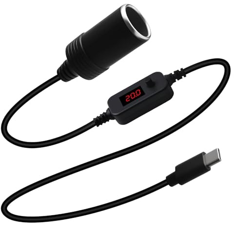 Adaptador de Encendedor de Cigarrillos USB C 12V Adaptador a Mechero Hembra con Pantalla Voltímetro Voltaje Ajustable 5 V 9 V 12 V 15 V 20 V para Cámara Coche GPS Grabadora Coche 120cm