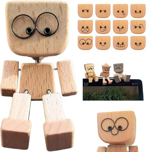 Simsky Charmante Kleine Holzfigur, Schüttelnde Holzmann-Figur, Wackelmann Mit Wackelfüßen die mit 12 magnetischen Ausdrücke schwankt, Handgefertigte Wackelnde Füßen Holzpuppe Auto Ornamente