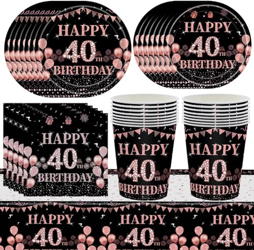 Set da tavola per 40° compleanno, 69pcs Stoviglie per Feste di Compleanno, Carta, Bicchieri, Asciugamani , Tovaglie, Stoviglie in Oro Rosa nero Forniture per Feste -16 ospiti
