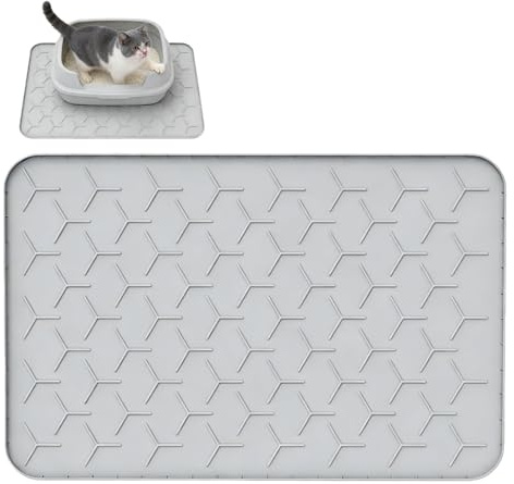 VEGOATY Grand tapis de litière en silicone pour chat : 86 x 56 cm - Imperméable - Résistant à l'urine - Avec bord surélevé - Tapis antidérapant pour chat - Facile à nettoyer (gris)