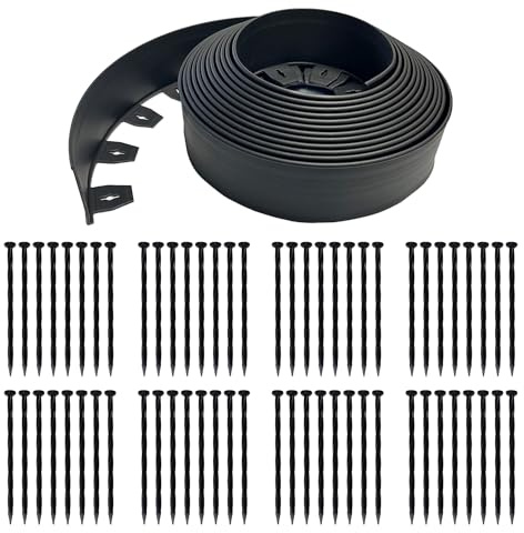 EasyFlex 4 Inch No Dig Landscape Edging Kit, 75 Foot Black Plastic Edging Coil with 64 Spiral Anchoring Spikes for Gardening Edging, Separating Yard Areas, and Flower Bed Borders