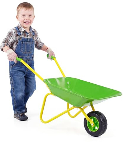 COSTWAY Carriola per Bambini, Carrello da Giardino con Ruote per Tutti i Terreni, Attrezzatura da Gioco in Metallo, Capacità di Carico 15 kg, per Bambini 3+ Anni (Verde + Giallo)