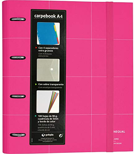 Grafoplás 88102954 Mappar med ersättning, 100 ark med 90 gram, 4 Extra tjocka och transparenta överdelare, A4, Fuchsia, Carpebook Unequal Grid