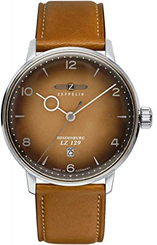 Zeppelin Herrenuhr mit cognacfarbenem Lederband Serie LZ129 Hindenburg ETA Quarz Datum 8046-4