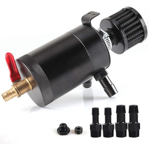 WENJTP Oil Catch Can Kit with 4 Adapters + Breather Filter Drain Valve Plug 2 Ports (1 oulet + 1 inlet) 150ml Universal Aluminum Baffled Oil Reservoir Tank Oil Separator HTRACING (Red)