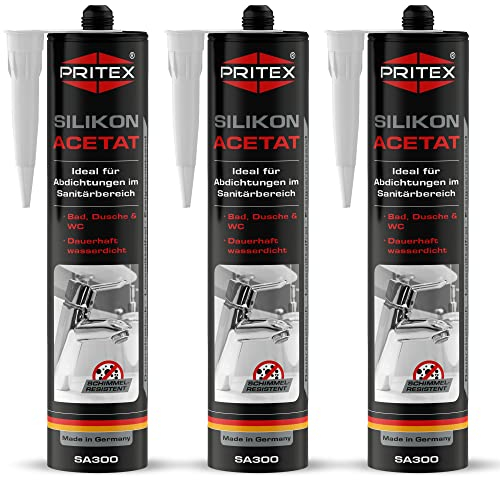 PRITEX – Sanitär Silikon transparent 3x 300 ml zum Abdichten & Verfugen – Acetat für Bad, Dusche & WC – wasserdicht, langlebig & schimmelresistent – Fugendichtmasse mit sehr guter Haftung