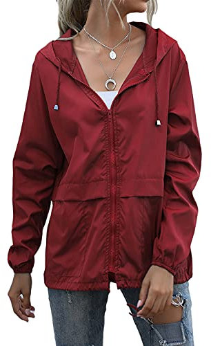 ORANDESIGNE Veste de Pluie Imperméable pour Femmes Léger Veste De Pluie Courte Coupe Vent Extérieure Manteaux à Capuche Vacance Coupe-Vent Zippé Rouge M