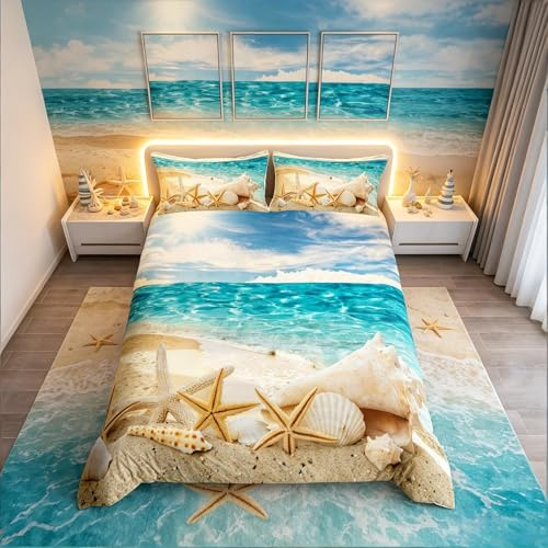 Funda de edredón oceánica, funda de edredón de estrella de mar, juego de cama de verano para niños y adultos, ropa de cama y lino de vacaciones hawaianas, ultra suave, tropical, naturaleza, mar, ropa