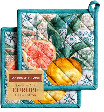 Maison d' Hermine Pot Holders 100% Cotton Potholders (20 x20 cm, Pack of 2) | Heat Resistant Hot Pads with Loop BBQ Cooking Baking Farmhouse Kitchen Handling Hot Pans Spring Summer - Agrume