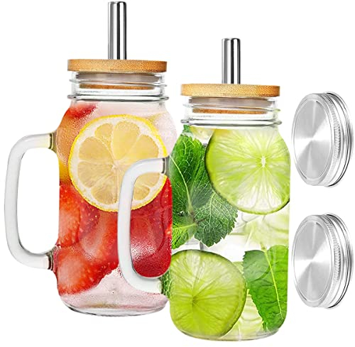 Jetcloud 2pcs Drinking Glass Cups with Lids & Straw 700ml Drinking Mason Jars Mugs with Handle Transparent Can Shape Beer Glasses for Smoothies Juice Coffee Cocktail Whiskey (2PCS(Style 2)