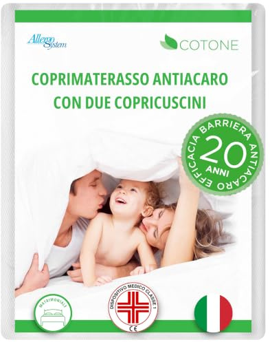 Allergosystem Set Coprimaterasso Antiacaro Matrimoniale Cotone con Cerniera 160x190cm e 2 Federe Cuscino Letto 50x80cm - Dispositivo Medico Antiacaro e Anallergico MADE IN ITALY - Linea Cotone