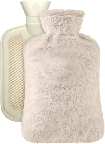 Grande borsa dell'acqua calda con coperchio, 2 litri, in gomma naturale di alta qualità, morbida copertura in pile per alleviare il dolore, schiena, collo e spalle e notti calde e accoglienti (beige)