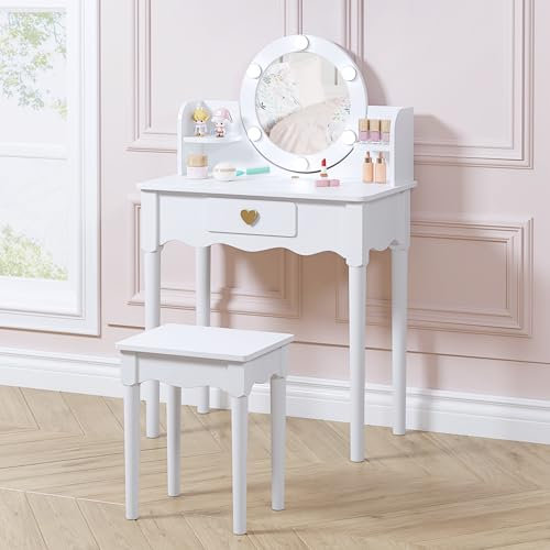 UTEX Kids Vanity, Girls Vanity Set with Mirror and Stool and Lights, Kids Vanity Table and Chair Set,Wooden Princess Makeup Desk Dressing Table, White