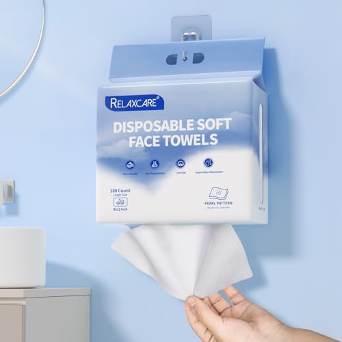 Relaxcare 100 Counts Disposable Face Towel, Extra Large 8 X 12, Super Soft & Thick Face Cloth for Sensitive Skin Facial Cleansing, Travel, Bathroom