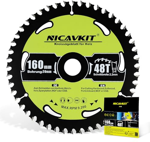 NICAVKIT Ø160 x 20 Hoja de sierra circular HM para madera (Disco de Corte para Madera, Ø160 x 20 x 2,2 mm, 48 dientes, accesorios de sierra circular), dientes de metal duro