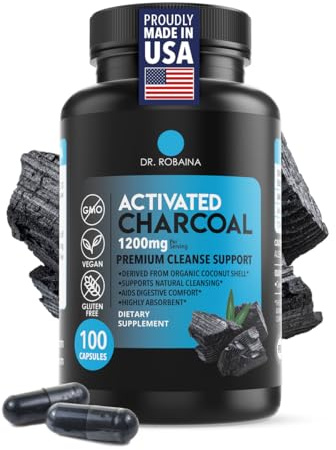 Dr. Robaina Activated Charcoal Capsules 1200 mg – Coconut-Shell Carbon for Gas & Bloating Relief, Digestive Comfort & Next-Morning Support – Vegan • Non-GMO – 100 Count, USA Made