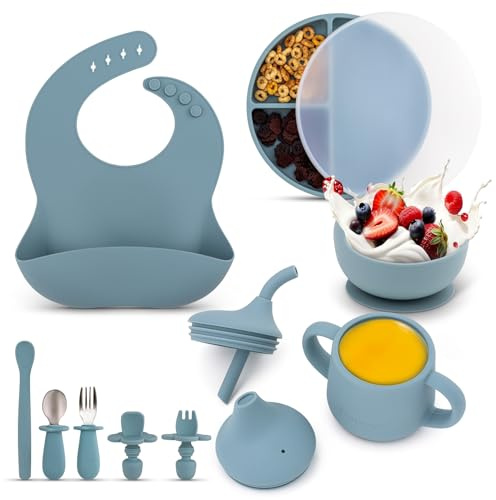 Teeny Weany Baby Weaning Set | Silicone Suction Plate, Suction Bowl, Bib, Sippy Cup + Straw, Toddler Spoon + Fork, Weaning Fork + Spoon | 9 Piece Feeding Set for Baby Led Weaning (Blue)