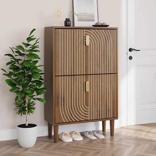 Smuxee Shoe Cabinet with 2 Flip Drawers, 23.6 Walnut Hidden Shoe Storage Cabinet with Line Groove Design, Freestanding Shoe Organizer Cabinet for Entryway, Hallway, Living Room