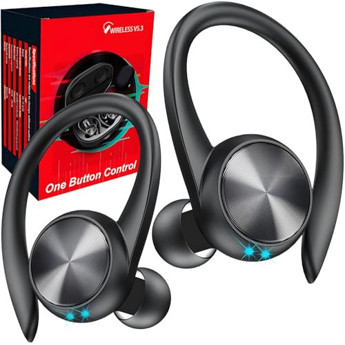 Wireless Earbuds, 60H Playtime LED Display Wireless Ear buds with Earhooks HiFi Stereo Deep Bass, Bluetooth 5.3 Headphones with Cancelling Mic, in Ear Earphones for Sport/Gym/Running/TV, USB-C
