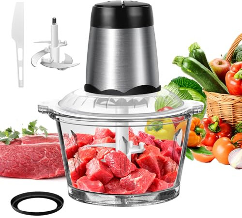 Food Processor, Meat Grinder Blender Electric Chopper, 2 Speed Adjustments, 4D Sharp Double Layer Blades, 2 Litre Large Capacity Glass Bowl for Chopping Meat, Nuts, Fruit and Vegetables