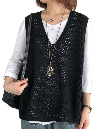 RWGSNB Maglioni Gilet, Gilet all'Uncinetto Donna Corto Traforato in Maglia di Rete Senza Maniche Maglione Sottile Pullover Scollo A V Casual Estivo vestibilità Ampia Copricostume Spiaggia Nero XXL