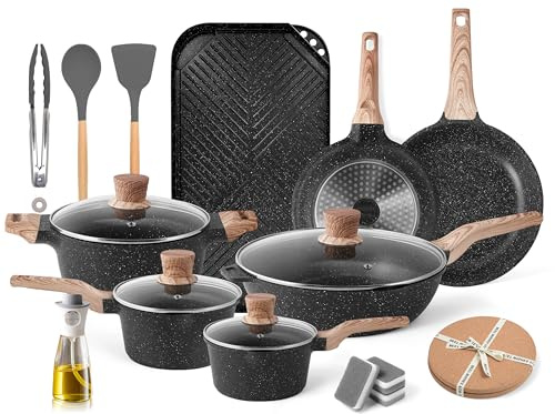 RIOVARM Induktion kastruller och stekpannor set med lock non-stick köksredskap set med griddle-panna, köksredskap set med grillpanna, granit, stekpanna kastrull, sautus, såspanna spatel