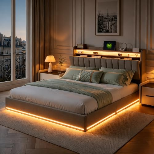 160 x 200 säng med förvaring, klädd säng med LED-belysning och USB-uttag dubbelsäng 160 x 200 LED med förvaring och laddare modernt mjukt sammetstyg, utan madrass (grå B, 160 x 200 cm)