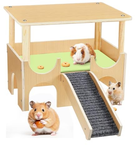 Casa Hamster, 38 x 23.7 x 35.5 cm Jaula de Madera para Cobayas con techo, Castillo para Conejillo de Indias Extraíble con 3 Cuevas y Escaleras para Cobayas Hámsteres Chinchillas Conejos Enanos y Huron