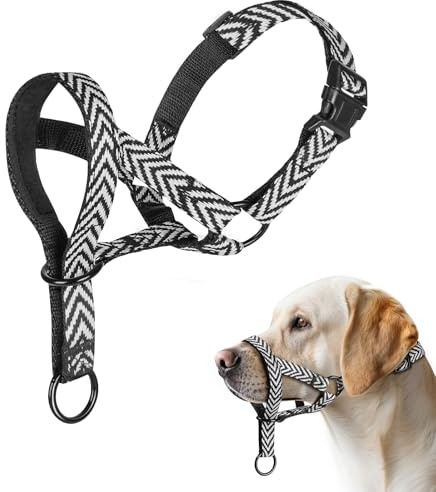wintchuk Gentle Dog Head Collar, Soft Nylon No Pull Padded Halter with Fashion Stripes, Breathable Nose Leash for Dogs, Anti Pulling Barking(M)